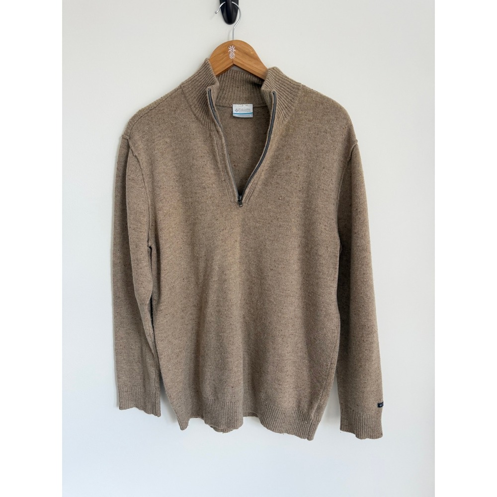 Columbia Mens Textured Wool Blend Quarter Zip Pullover Sweater Large Tan Classic